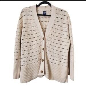 Gap Sweater - cream/beige open knit striped cardigan 100% cotton